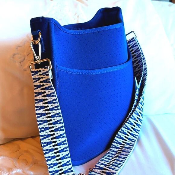 Ah dorned Royal Blue Neoprene Messenger Bag Style -Blue/Black White Woven Strap - Picture 14 of 15